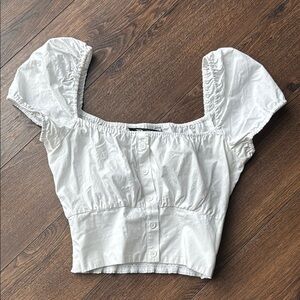 White Puff Sleeve Button-Up Top